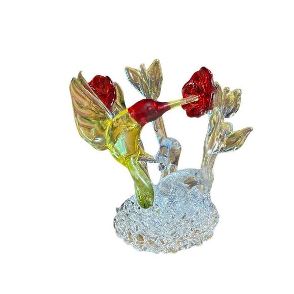 Beautiful Glass Hummingbird Figurine with Flowers. Red/Green. Shelf Decor. Bird. - Picture 1 of 8
